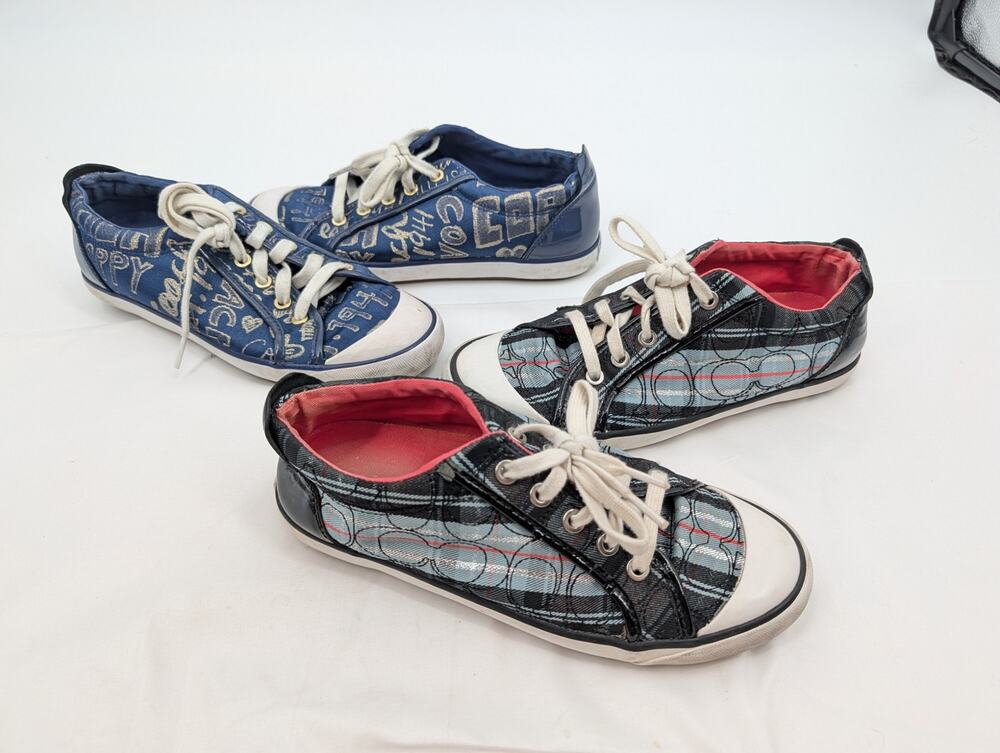 BUNDLE! Vintage Coach Barrett 8B Tennis Shoes Poppy Plaid Tartan and Logo Navy *